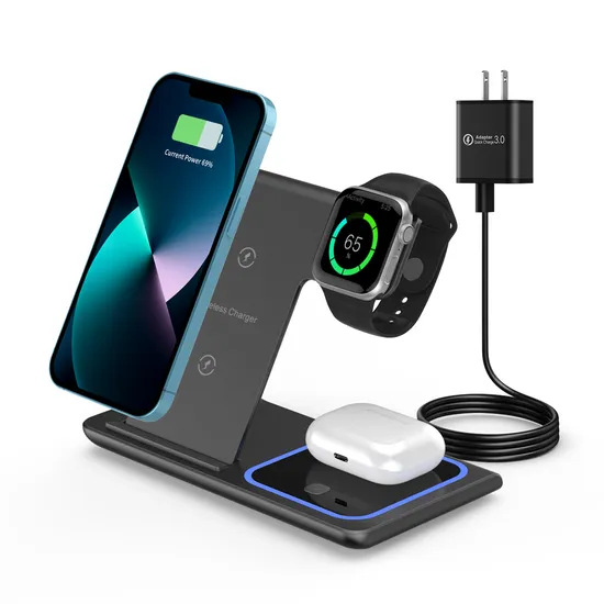 Support de chargeur sans fil Qi pour téléphone sans fil, charge pliable rapide 15W Qi 3 en 1